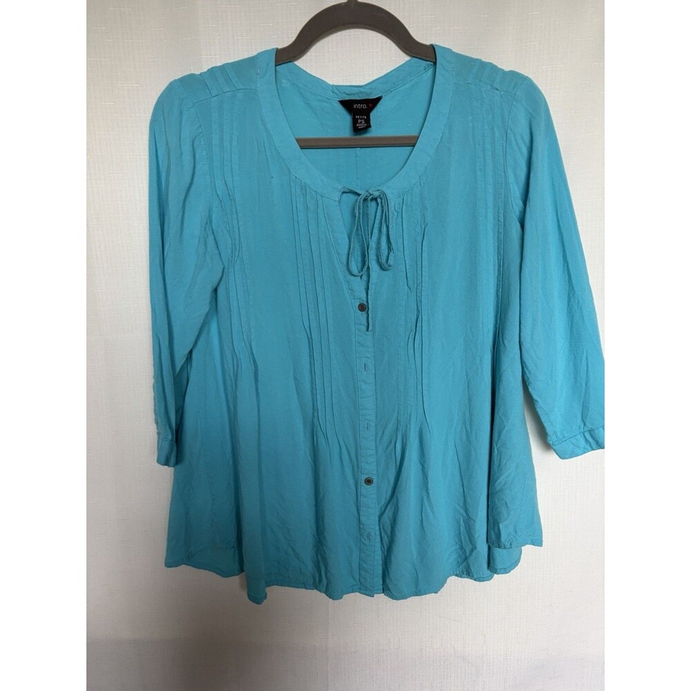 intro. Women's Blue Solid Tie-Neck Pleated Button-Front Woven Rayon Blouse PS